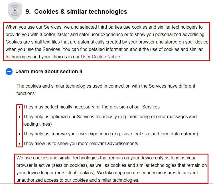 eBay Privacy Notice: Cookies and similar technologies clause