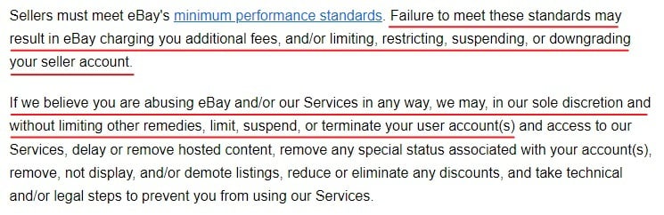 eBay User Agreement: Using eBay clause - Abuse and suspend account section highlighted