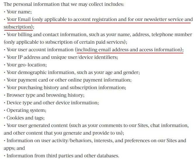 Epoch Times Data Protection and Privacy Policy: Information collected clause
