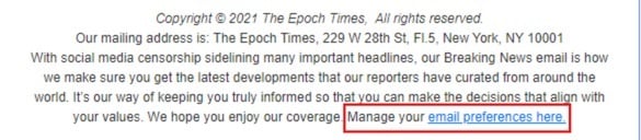 Epoch Times email newsletter screenshot with email preferences link highlighted