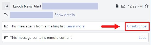 Epoch Times email newsletter screenshot with unsubscribe link highlighted