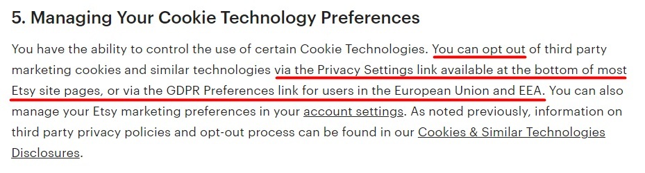 Etsy Cookies and Similar Technologies Policy: Managing Your Cookie Technology Preferences clause