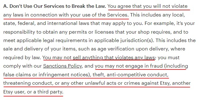 Etsy Terms of Use: Don't Use Our Services to Break the Law clause