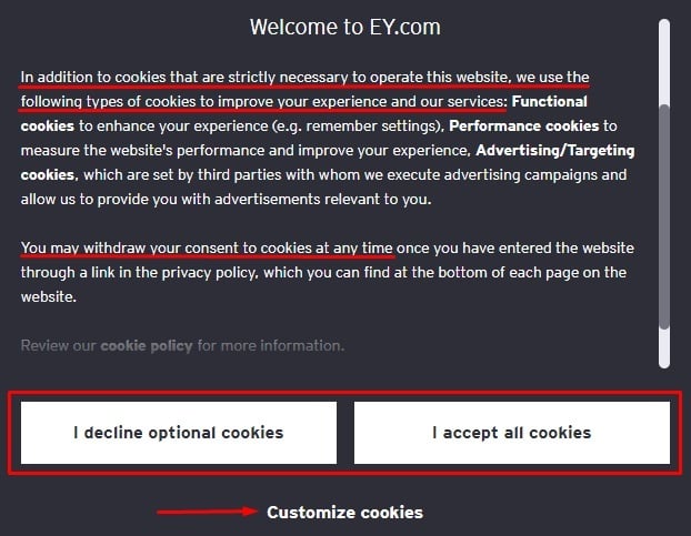 EY Cookie consent notice