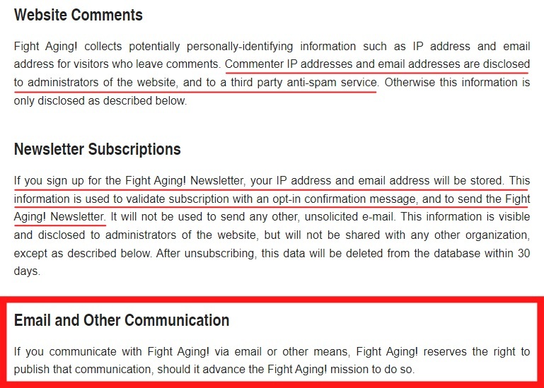 Fight Aging Privacy Policy: Website Comments, Newsletter Subscriptions and Email and Other Communications clauses