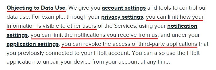 Fitbit UK Privacy Policy: Your Rights to Access and Control Data: Objecting to Data Use clause