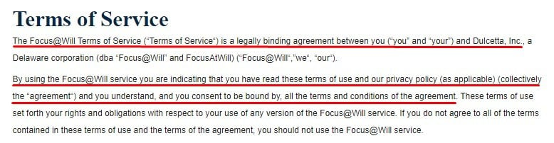 Focus at Will Terms of Service: Introduction clause excerpt