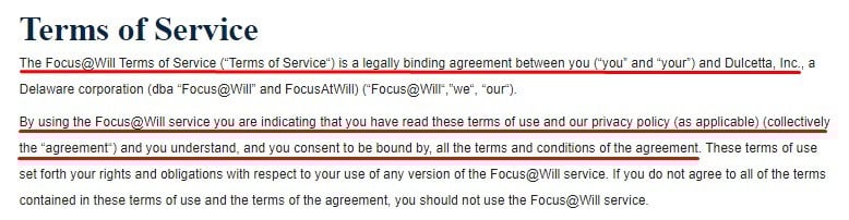 Focus at Will Terms of Service: Introduction clause excerpt