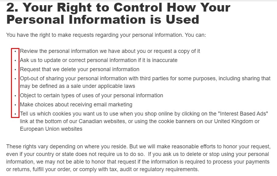 Gap Privacy Policy: Your Right to Control How Your Personal Information is Used clause