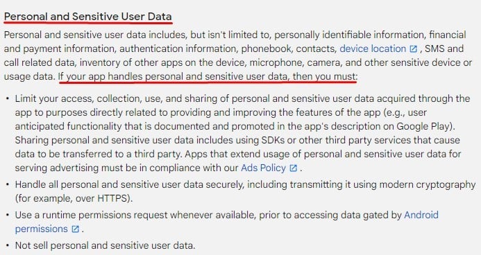 Google Play Console Help: Policy Center - User Data - Personal and Sensitive User Data clause