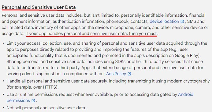 Google Play Console Help: Policy Center - User Data - Personal and Sensitive User Data clause