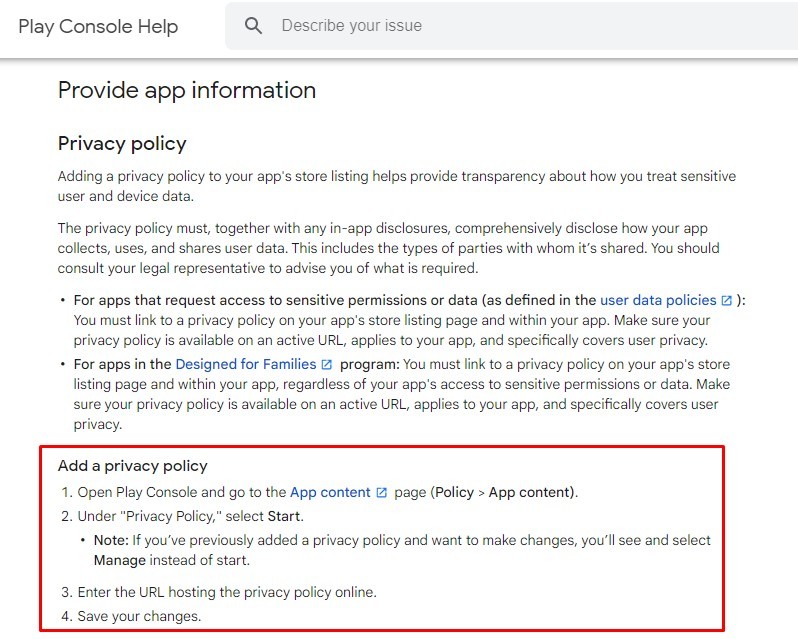 Google Play Console Help: Provide App Information: Add a Privacy Policy section