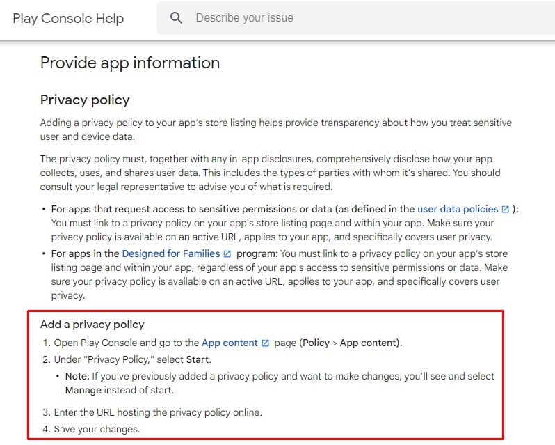 Google Play Console Help: Provide App Information: Add a Privacy Policy section