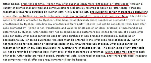 Hyphen Sleep Terms and Conditions: Offer Codes clause