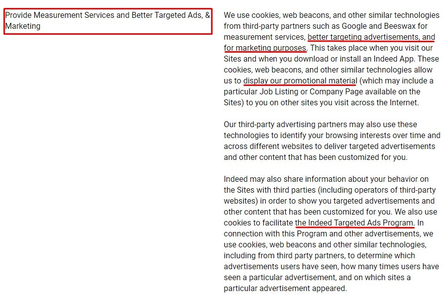 Indeed Cookie Policy: How we use cookies clause excerpt