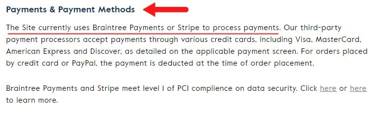 Larq Terms and Privacy: Payments and Payment Methods clause