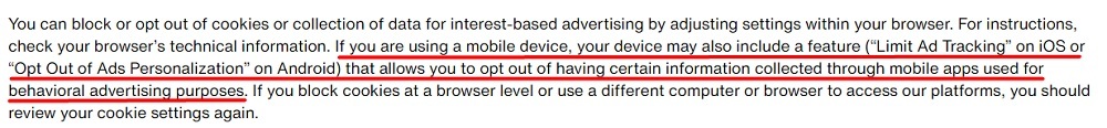 Levis Privacy Policy: Blocking cookies and interest-based ads on mobile devices section