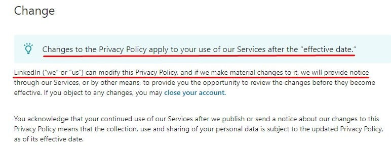 LinkedIn Privacy Policy: Change clause