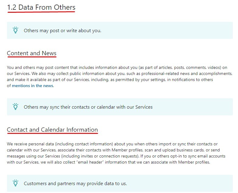 LinkedIn Privacy Policy: Data collected clause excerpt