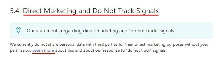 LinkedIn Privacy Policy: Direct Marketing and Do Not Track Signals clause