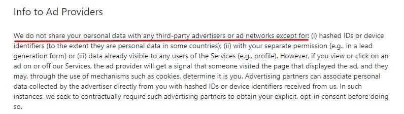 LinkedIn Privacy Policy: Info to Ad Providers clause