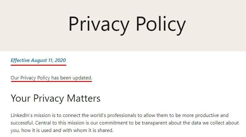 Linkedin Privacy Policy intro with effective date and policy updated highlighted