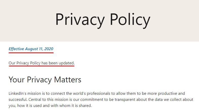 Linkedin Privacy Policy intro with effective date and policy updated highlighted