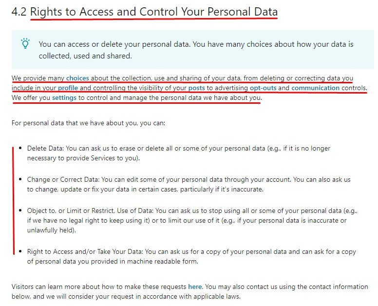 LinkedIn Privacy Policy: Rights to Access and Control Your Personal Data clause