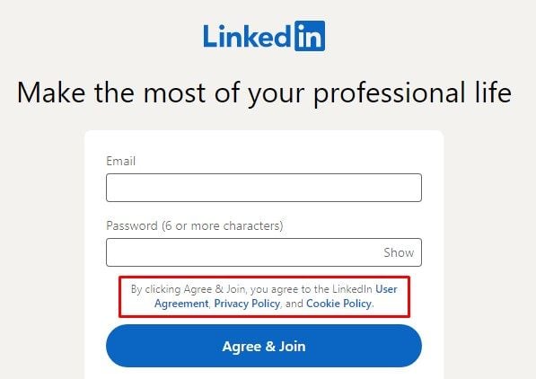 Linkedin Sign-up form with Agree section highlighted