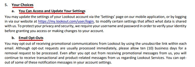 Lookout Privacy Policy: Your Choices clause