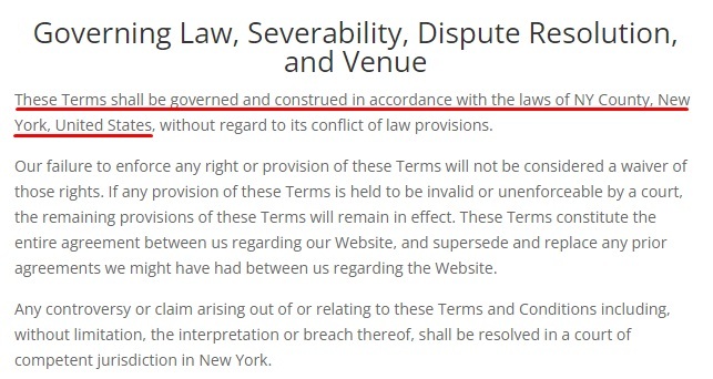 Majority Media Terms of Service: Governing Law clause