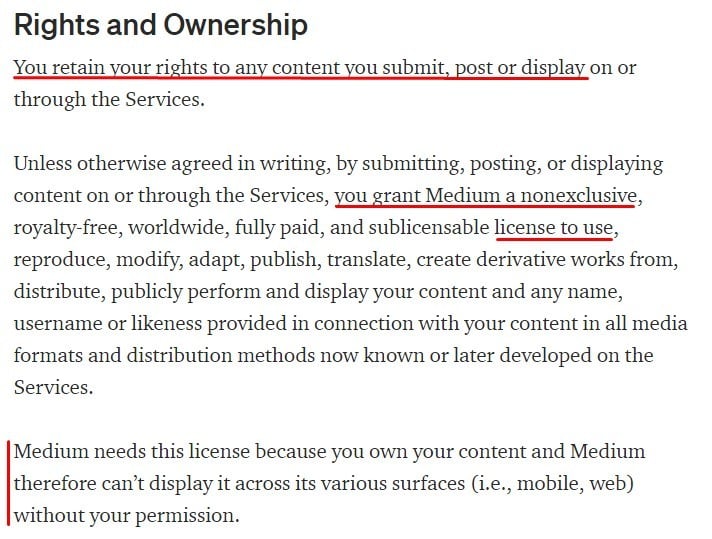 Medium Terms of Service: Rights and Ownership clause excerpt