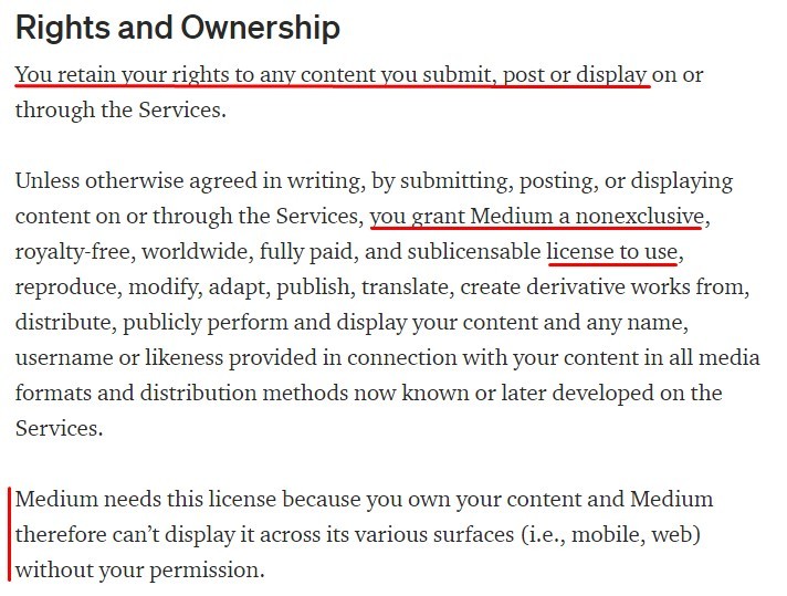 Medium Terms of Service: Rights and Ownership clause excerpt