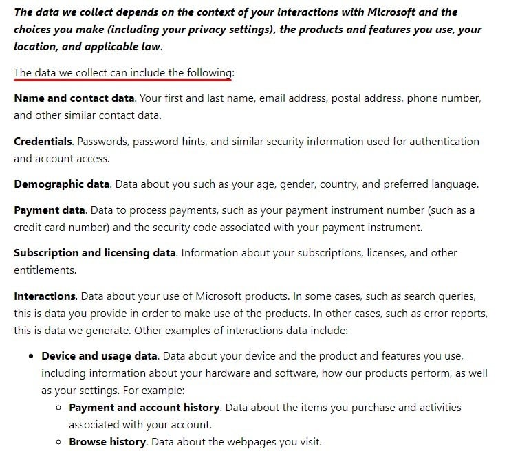 Microsoft Privacy Statement: Data collect examples list excerpt