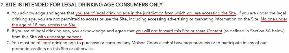 Molson Coors Terms and Conditions: Site is intended for legal drinking age consumers only clause