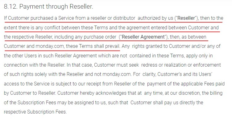 Monday Terms of Service: Payment Through Reseller clause