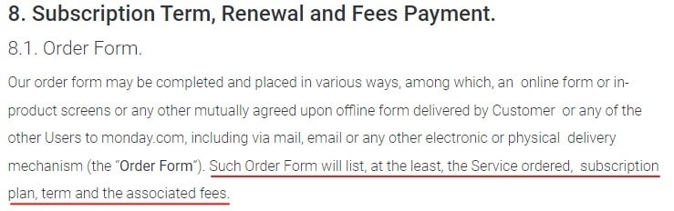 Monday Terms of Service: Subscription Term, Renewal and Fees Payment clause