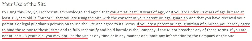 Mondelez International Terms of Use: Your Use of the Site - Age limitation clause