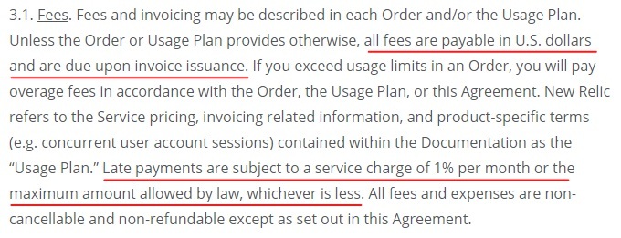 New Relic Terms of Service: Fees clause