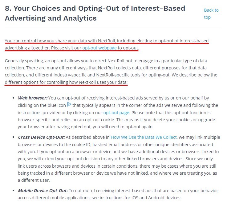 NextRoll Privacy Notice: Your choices and opting-out of interest-based advertising and analytics clause excerpt