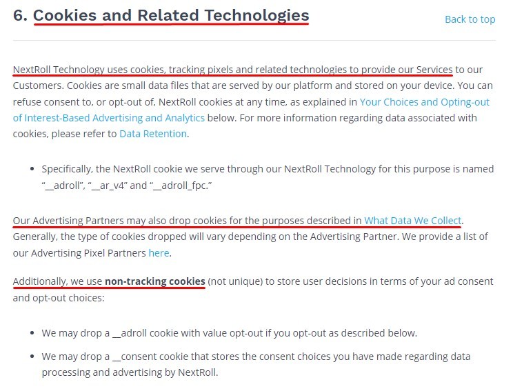 NextRoll Privacy Notice: Cookies and related technologies clause excerpt