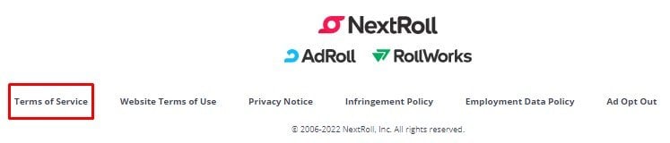 NextRoll website footer with Terms of Service link highlighted
