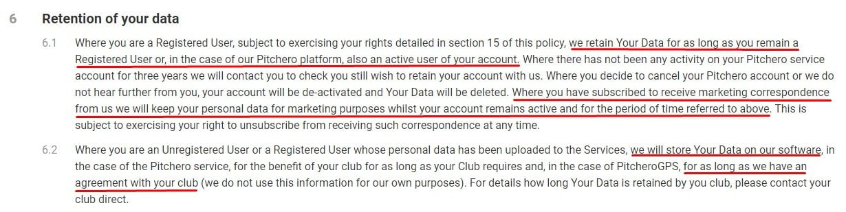 Pitchero Privacy Policy: Data Retention clause updated
