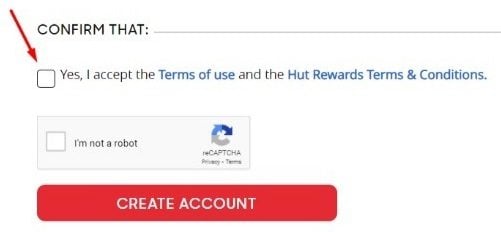 Pizza Hut Create Account form with Accept Terms checkbox highlighted - Updated version