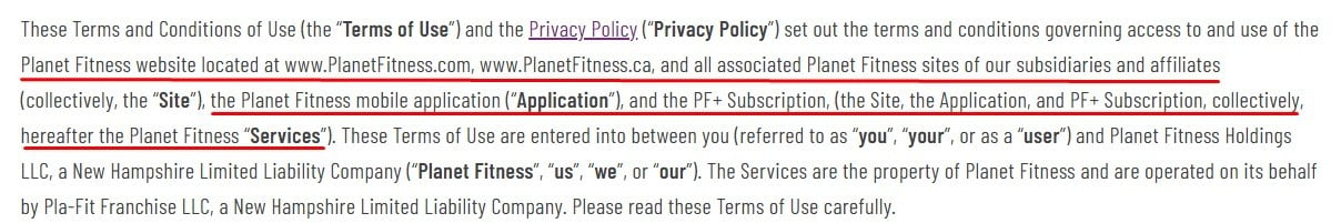 Planet Fitness Terms of Use: Intro clause updated
