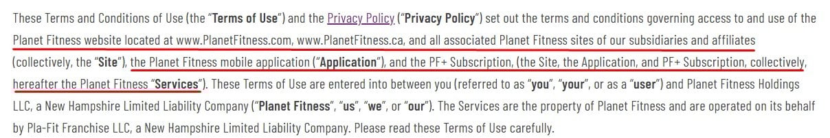 Planet Fitness Terms of Use: Intro clause updated