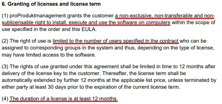 proProduktmanagement EULA: Granting of Licenses and License Term clause excerpt