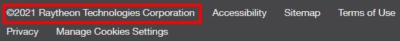 Raytheon Technologies Corporation website footer with copyright notice highlighted