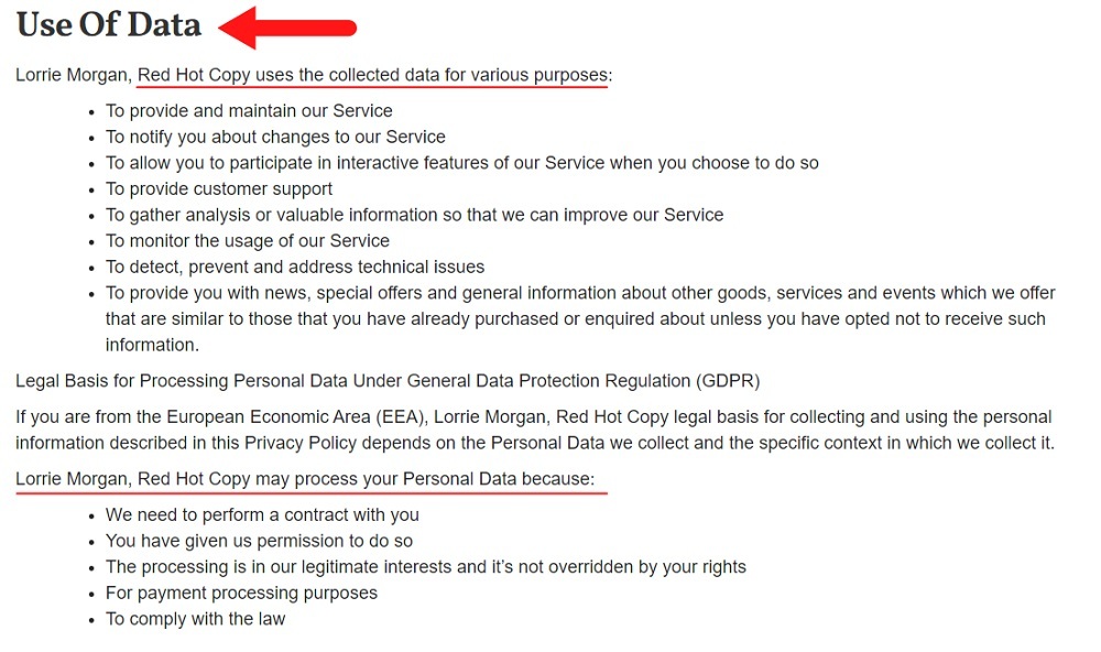 Red Hot Copy Privacy Policy: Use of Data clause