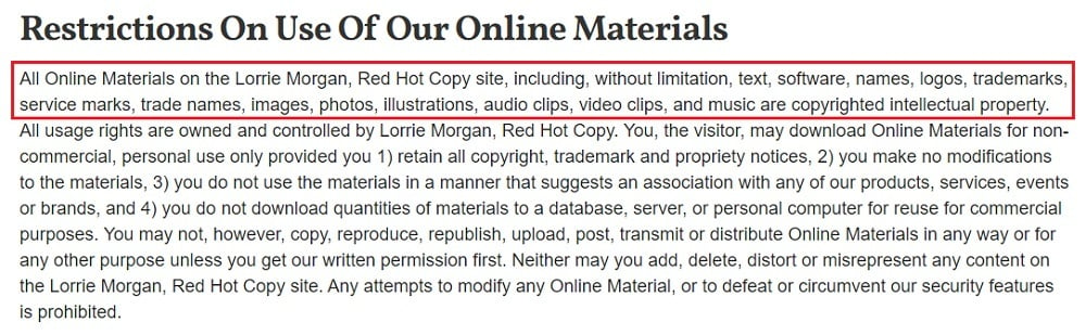 Red Hot Copy Terms of Use: Restrictions on Use of our Online Materials clause excerpt